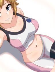  absurdres bike_shorts blue_eyes breasts brown_hair collarbone female gundam gundam_build_fighters gundam_build_fighters_try highres hoshino_fumina jeminiremu medium_breasts midriff navel parted_lips selfie shadow shorts sitting smile solo sports_bra tank_top two-tone_sports_bra white_background white_shorts white_tank_top 