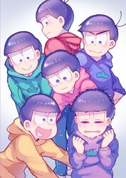  6+boys blue_hoodie brothers crying green_hoodie highres hood hoodie male_focus matsuno_choromatsu matsuno_ichimatsu matsuno_jyushimatsu matsuno_karamatsu matsuno_osomatsu matsuno_todomatsu multiple_boys osomatsu-san osomatsu_(series) pink_hoodie purple_hoodie red_hoodie sextuplets siblings sound_bell yellow_hoodie 