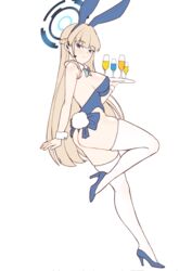  alcohol animal_ears blonde_hair blue_archive blue_bow blue_bowtie blue_eyes blue_footwear blue_halo blue_leotard bow bowtie breasts cipher4109 commentary cup detached_collar drinking_glass fake_animal_ears female full_body halo headset high_heels highleg highleg_leotard highres holding leotard long_hair looking_at_viewer medium_breasts official_alternate_costume playboy_bunny rabbit_ears rabbit_tail shoes simple_background solo strapless strapless_leotard tail thighhighs toki_(blue_archive) toki_(bunny)_(blue_archive) white_background white_thighhighs 