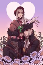  1boy 2girls ascot asrikins bloodborne blush bonnet cape cloak coat crossed_arms doll_joints feathers flower gem gloves green_eyes hat hat_feather heart highres holding holding_flower hunter_(bloodborne) jewelry joints lady_maria_of_the_astral_clocktower long_hair looking_at_viewer mask mouth_mask multiple_girls open_mouth parted_bangs plain_doll ponytail shirt short_hair simple_background smile swept_bangs tricorne weapon white_flower white_hair white_shirt 