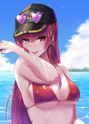  absurdres arm_up armpit_crease arrow_through_heart bikini black_hat blue_sky blush breasts cloud cloudy_sky commentary_request day eyelashes eyewear_on_head female food food_on_body gold_trim gradient_hair hair_between_eyes hat heart heart-shaped_eyewear heterochromia highres holding hololive houshou_marine houshou_marine_(summer) ice_cream ice_cream_cone large_breasts licking long_hair looking_at_viewer multicolored_hair ocean official_alternate_costume official_alternate_hair_length official_alternate_hairstyle ooike_teru outdoors purple_hair red_eyes red_hair shiny_skin sideboob skindentation sky solo suggestive_fluid swimsuit tongue tongue_out underboob upper_body very_long_hair virtual_youtuber wet yellow_eyes 