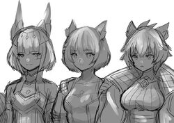  3girls absurdres animal_ears blunt_bangs breasts camisole cat_ears cat_girl chest_jewel clothing_cutout core_crystal_(xenoblade) crystal diamond_cutout facial_mark gloves grey_hair highres jacket karian909 large_breasts looking_at_viewer medium_breasts messy_hair mio_(xenoblade) multiple_girls na&#039;el_(xenoblade) nia_(xenoblade) romper short_hair shorts simple_background small_breasts smile tank_top white_camisole white_jacket white_tank_top xenoblade_chronicles_(series) xenoblade_chronicles_3 xenoblade_chronicles_3:_future_redeemed yellow_eyes 