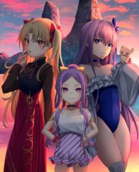  3girls bare_shoulders black_shirt blonde_hair blue_eyes blue_ribbon blue_sky blush bow braid breasts choker collarbone con_(fate) earrings ereshkigal_(fate) ereshkigal_(youming_niangniang)_(fate) fate/grand_order fate_(series) forehead frilled_one-piece_swimsuit frills gradient_sky grey_skirt hair_ribbon hairbow hat highleg highleg_swimsuit highres jewelry kaze_minoru_so-ru long_hair long_skirt long_sleeves looking_at_viewer medium_breasts meltryllis_(fate) meltryllis_(swimsuit_lancer)_(fate) meltryllis_(swimsuit_lancer)_(second_ascension)_(fate) miniskirt mountain multiple_girls ocean off-shoulder_one-piece_swimsuit off_shoulder one-piece_swimsuit open_mouth orange_sky outdoors parted_bangs prosthesis prosthetic_leg puffy_sleeves purple_eyes purple_hair red_eyes red_skirt ribbon scrunchie shirt shore sidelocks skirt sky sleeves_past_fingers sleeves_past_wrists small_breasts smile striped_clothes striped_skirt swimsuit thighs twilight two_side_up very_long_hair vietnamese_dress white_ribbon white_shirt wrist_scrunchie wu_zetian_(fate) wu_zetian_(world_excursion)_(fate) yellow_bow 