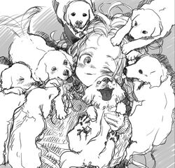  blush bosako_(haguhagu) canine female greyscale haguhagu_(rinjuu_circus) highres horns labrador_retriever long_hair lying messy_hair monochrome multiple_dogs on_back one_eye_closed original parted_lips puppy smile sweater too_many too_many_dogs 