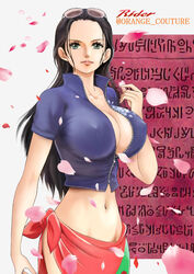  arm_at_side bare_arms black_hair breasts cleavage closed_mouth collarbone covered_nipples cowboy_shot crop_top cropped_jacket expressionless eyewear_on_head falling_petals female green_eyes hair_slicked_back hand_up highres huge_breasts jacket lips long_hair looking_at_viewer midriff navel nico_robin one_piece partially_unzipped petals poneglyph rider_(orange_couture) sarong short_sleeves solo stomach sunglasses twitter_username very_long_hair zipper 