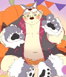  0119_muu anthro bear belly blush bottomwear clothing costume embarrassed fur gloves halloween handwear holidays leib_(tas) lifewonders male mammal navel overweight overweight_male polar_bear shorts solo tokyo_afterschool_summoners ursine werewolf_costume white_body white_fur 