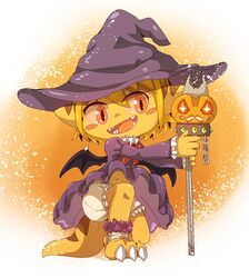  2018 adult_(lore) anthro bamfear blonde_hair blush bow_ribbon brown_body claws clothed clothing costume doneru dress fangs female frilly frilly_clothing frilly_dress hair halloween halloween_costume hat headgear headwear holidays jack-o&#039;-lantern kneeling looking_aside navel simple_background smile solo staff tany_(doneru) teeth upskirt wings witch_costume witch_hat young young_anthro young_female 