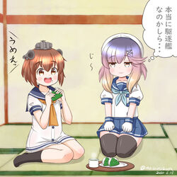  2girls alternate_sleeve_length black_socks blue_neckerchief blue_ribbon blue_sailor_collar blue_skirt brown_eyes brown_hair commentary_request dress eating food gloves gradient_hair hat headgear kantai_collection leaf masara_(chuujou) multicolored_hair multiple_girls neckerchief open_mouth orange_hair pleated_skirt puffy_short_sleeves puffy_sleeves purple_eyes purple_hair ribbon round_teeth sailor_collar sailor_dress sailor_hat sakura_mochi school_uniform seiza serafuku short_hair short_sleeves sidelocks sitting skirt socks speaking_tube_headset tatami teeth thighhighs translated tsushima_(kancolle) upper_teeth_only wagashi white_gloves white_headwear yellow_neckerchief yukikaze_(kancolle) 