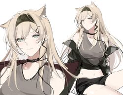  absurdres animal_ears aqua_eyes arknights bad_id bad_lofter_id bare_shoulders black_choker black_hairband black_jacket black_shorts blonde_hair blush choker crop_top female grey_tank_top hair_between_eyes hair_ornament hairband hairclip highres horn_(arknights) jacket joshua_(shisanli934) long_hair looking_at_viewer midriff multiple_views navel off_shoulder short_shorts shorts simple_background smile tank_top upper_body white_background wolf_ears 