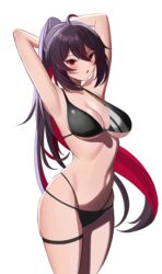  absurdres ahoge aircell alternate_costume arms_behind_head bikini black_bikini black_hair blush breasts collarbone colored_inner_hair cowboy_shot female hair_between_eyes highres honkai_(series) honkai_impact_3rd large_breasts long_hair looking_at_viewer multicolored_hair navel open_mouth ponytail red_eyes red_hair seele_(alter_ego) seele_vollerei simple_background skindentation solo stomach swimsuit thigh_strap very_long_hair white_background 