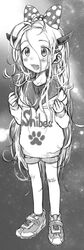  :d antenna_hair bandaid bandaid_on_knee bandaid_on_leg bosako_(haguhagu) bow female full_body greyscale haguhagu_(rinjuu_circus) hairbow hands_up highres hood hood_down hoodie horns long_hair long_sleeves messy_hair monochrome open_mouth original paw_print polka_dot polka_dot_bow shoes smile solo standing very_long_hair 