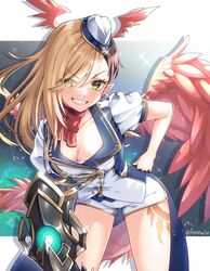  blonde_hair breasts brown_hair cleavage commentary_request cowboy_shot dragon_girl dragon_horns dragon_wings ear_piercing eyes_visible_through_hair feathered_wings female garrison_cap gauntlets green_eyes grin hand_on_own_hip hat head_wings highres horns kaya_(princess_connect!) kaya_(time_travel)_(princess_connect!) leaning_to_the_side letterboxed looking_at_viewer medium_breasts multicolored_hair open_mouth piercing princess_connect! puffy_short_sleeves puffy_sleeves red_horns red_wings reina_(rrrrei12) shirt short_sleeves shorts single_gauntlet smile solo tail teeth twitter_username two-tone_hair v-shaped_eyebrows white_shirt white_shorts wings 