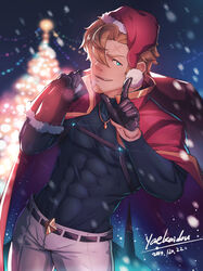  1boy absurdres bara black_shirt christmas_tree covered_abs cross_scar curran_(dragalia_lost) dragalia_lost feet_out_of_frame gift_bag hair_between_eyes hair_over_one_eye hat highres index_finger_raised looking_at_viewer male_focus mature_male muscular muscular_male pectorals santa_costume santa_hat scar scar_on_face scar_on_forehead shirt short_hair snowing solo taut_clothes taut_shirt yaekaidou 