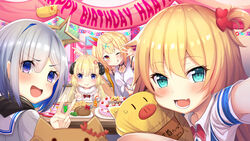  4girls :d akai_haato akai_haato_(1st_costume) amane_kanata amane_kanata_(1st_costume) birthday birthday_cake birthday_party blonde_hair blush cake double_v food haaton_(akai_haato) happy_birthday highres hololive hoshikawa_sara kira_dx_kira looking_at_viewer multiple_girls nijisanji selfie smile tsunomaki_watame tsunomaki_watame_(1st_costume) v virtual_youtuber 