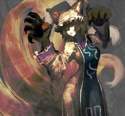  animal_hands blonde_hair claws fangs female fox_girl fox_tail glowing glowing_eyes hat highres multiple_tails on_(_l0_) sharp_teeth solo tabard tail teeth touhou yakumo_ran yellow_eyes 