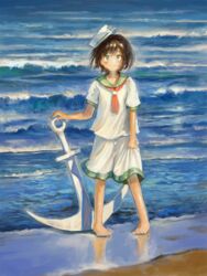  anchor arm_up barefoot beach black_hair clothes_grab commentary day female fjsmu full_body green_eyes green_sailor_collar hat highres holding holding_anchor impressionism looking_at_viewer murasa_minamitsu neckerchief ocean outdoors pigeon-toed red_neckerchief sailor_collar sailor_hat shirt short_hair short_sleeves shorts sleeve_cuffs smile solo standing surf touhou white_shirt white_shorts 