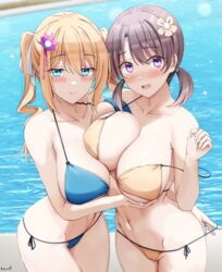  2girls alternate_costume angelina_kudou_shields artist_name asymmetrical_docking bad_id bad_pixiv_id bikini blonde_hair blue_bikini blue_eyes blush breast_press breasts brown_hair cameltoe closed_mouth collarbone commentary flower grabbing grabbing_another&#039;s_breast groin hair_between_eyes hair_flower hair_ornament highres keenh large_breasts looking_at_viewer mahouka_koukou_no_rettousei medium_hair mitsui_honoka multiple_girls navel open_mouth pool purple_eyes short_hair short_twintails side-tie_bikini_bottom smile sparkle stomach swimsuit thighs twintails water yellow_bikini yuri 