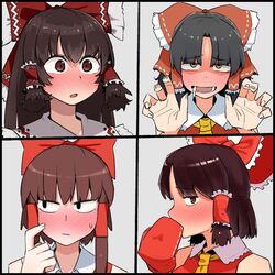  4girls bad_id bad_twitter_id benikurage_(cookie) black_hair blush bow brown_eyes brown_hair closed_mouth commentary_request cookie_(touhou) drooling embarrassed frilled_bow frilled_hair_tubes frilled_shirt_collar frills grey_background hair_tubes hairbow hakurei_reimu hands_up highres kanna_(cookie) long_hair looking_at_viewer looking_to_the_side medium_hair mittens multiple_girls necktie nose_blush ohasi open_mouth parted_bangs red_bow red_mittens red_shirt reu_(cookie) sananana_(cookie) shirt short_hair short_hair_with_long_locks simple_background sleeveless sleeveless_shirt smile touhou upper_body yellow_eyes yellow_necktie 