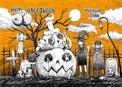  1boy 3girls 6+others animal_ears balloon bare_tree candle cape cat_ears cat_girl cat_tail copyright_name elbow_gloves fence full_moon ghost ghost_costume gloves graveyard greyscale hair_ornament hairclip halloween halloween_costume happy_halloween hat izumi_(toubun_kata) jack-o&#039;-lantern lamppost mieruko-chan monochrome moon multiple_girls multiple_others niguredou_julia official_art orange_sky skull sky spot_color standing tail thighhighs tombstone tree twintails vampire_costume witch witch_hat yotsuya_kyousuke yotsuya_miko yurikawa_hana 