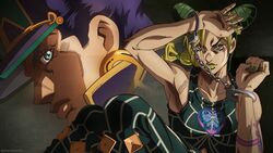  1boy araki_hirohiko_(style) blonde_hair closed_mouth commentary cuffed cuffs double_bun english_commentary father_and_daughter female grandguerrilla green_eyes green_lips green_pants green_shirt hair_bun handcuffs hands_up hat highres jojo_no_kimyou_na_bouken kujo_jolyne kujo_jotaro lipstick looking_at_viewer looking_to_the_side makeup official_style pants peaked_cap projected_inset purple_hair sanpaku shirt sideways_glance stone_ocean 