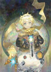  1boy ad1ng alternate_costume baggy_clothes blonde_hair blue_eyes bomber_jacket bright_pupils fate/grand_order fate/requiem fate_(series) feet_out_of_frame glowing jacket light_smile looking_at_viewer male_focus moon open_hands parted_bangs scarf short_hair sky solo space spacesuit star_(sky) star_(symbol) starry_background starry_sky voyager_(fate) voyager_(third_ascension)_(fate) yellow_scarf 