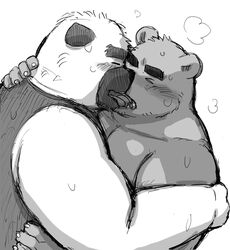  2022 anthro anthro_on_anthro bear blush bodily_fluids canid canine canis closed_eyes domestic_dog duo french_kissing greyscale hi_res hug kemono kick_(artist) kissing male male/male mammal monochrome overweight overweight_male sweat tongue tongue_out 