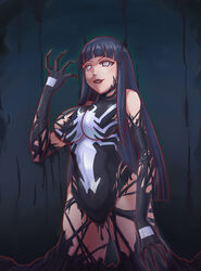  black_hair corruption crossover dark_persona female highres hyuuga_hinata leebigtree leotard long_hair marvel naruto_(series) naruto_shippuuden open_mouth possessed solo spider-man_(series) symbiote venom_(marvel) very_long_hair white_eyes 