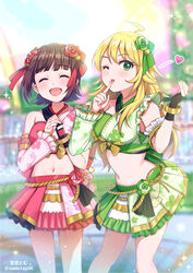  2girls :d ;p ^_^ amami_haruka blonde_hair brown_hair closed_eyes green_eyes green_ribbons green_skirt hair_ribbon highres hoshii_miki idolmaster idolmaster_(classic) long_hair looking_at_viewer midriff multiple_girls navel one_eye_closed pink_skirt red_ribbon ribbon short_hair skirt smile soramame_tomu tongue tongue_out 