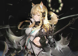  absurdres animal_ear_fluff animal_ears arknights arm_guards black_background black_gloves blonde_hair breasts closed_mouth covered_navel cowboy_shot dress female foreshortening gloves headset highres holding holding_weapon horse_ears implied_extra_ears jumbowhopper long_hair looking_at_viewer medium_breasts midriff nearl_(arknights) nearl_the_radiant_knight_(arknights) orange_eyes polearm ponytail simple_background solo spear weapon white_dress 