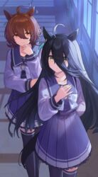  2girls ? agnes_tachyon_(umamusume) ahoge animal_ears arm_behind_back bad_link black_hair black_thighhighs brown_hair chorefuji collarbone commentary_request grey_shirt hair_between_eyes hand_on_own_chin hand_up highres horse_ears horse_girl indoors long_hair long_sleeves manhattan_cafe_(umamusume) multicolored_hair multiple_girls notice_lines pleated_skirt purple_skirt school_uniform shirt skirt spoken_question_mark standing streaked_hair stroking_own_chin thighhighs thinking tracen_school_uniform umamusume uniform window yellow_eyes 