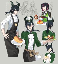  4boys :d animal apron bad_link bird black_hair black_nails bottle buttons chick chick_print chorefuji closed_eyes collared_shirt commentary_request diagonal_bangs double-breasted eyelashes facing_viewer food green_eyes green_jacket grey_background happy highres holding holding_animal holding_bottle holding_plate horns jacket lilia_vanrouge long_hair male_focus malleus_draconia multiple_boys nail_polish night_raven_college_uniform open_mouth outline pancake plate pointy_ears ponytail pouring school_uniform scotch_egg sebek_zigvolt shirt silver_(twisted_wonderland) sleeves_past_elbows smile souffle_pancake sparkle tabasco teeth tongue translation_request twisted_wonderland upper_teeth_only white_shirt 