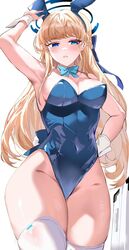  animal_ears arm_up armpits blonde_hair blue_archive blue_bow blue_bowtie blue_eyes blue_halo blue_leotard blush bow bowtie breasts covered_navel detached_collar fake_animal_ears female groin halo highleg highleg_leotard highres leotard long_hair medium_breasts official_alternate_costume parted_lips playboy_bunny rabbit_ears shiben_(ugvu5784) sideboob simple_background solo strapless strapless_leotard thighhighs thighs toki_(blue_archive) toki_(bunny)_(blue_archive) very_long_hair white_background white_thighhighs wrist_cuffs 