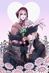  1boy 2girls ascot asrikins bloodborne blush bonnet cape cloak coat crossed_arms doll_joints feathers flower gem gloves green_eyes hat hat_feather heart highres holding holding_flower hunter_(bloodborne) jewelry joints lady_maria_of_the_astral_clocktower long_hair looking_at_viewer mask mouth_mask multiple_girls open_mouth parted_bangs plain_doll ponytail shirt short_hair simple_background smile swept_bangs tricorne weapon white_flower white_hair white_shirt 