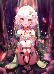  absurdres antenna_hair ass bare_shoulders blush bug butterfly collarbone commentary_request detached_sleeves dress elf female flower forest grass grey_hair hair_between_eyes hair_flower hair_ornament haneiro highres jewelry kokkoro_(princess_connect!) long_sleeves looking_at_viewer nature off_shoulder open_mouth outdoors photoshop_(medium) pink_flower pointy_ears princess_connect! red_eyes ribbon sandals short_hair sitting smile solo tree white_flower 