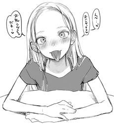  blush female forehead greyscale haguhagu_(rinjuu_circus) highres long_hair looking_at_viewer monochrome nose_blush original own_hands_together pov_across_table sasha_(haguhagu) shirt short_sleeves simple_background smile solo table tongue tongue_out translation_request upper_body white_background 