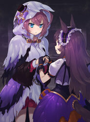  2girls animal_ears black_gloves black_wings blue_eyes bow brown_hair capelet chains commentary_request demon_wings dress frilled_hairband frills ghost_costume gloves hairband halloween halloween_costume hat hat_over_hood holding_hands hood hood_up hooded_capelet horse_ears horse_girl horse_tail jack-o&#039;-lantern_ornament long_hair long_sleeves looking_at_another medium_skirt mihono_bourbon_(ghosty_and_the_magic_of_halloween)_(umamusume) mihono_bourbon_(umamusume) mini_hat mini_top_hat multiple_girls oerba_yun_fang parted_lips puffy_short_sleeves puffy_sleeves purple_bow purple_dress purple_eyes purple_hairband purple_skirt rice_shower_(make_up_vampire!)_(umamusume) rice_shower_(umamusume) shirt short_sleeves skirt standing tadano_magu tail top_hat umamusume vampire_costume white_shirt wings 