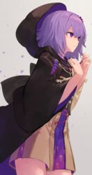  bad_link beads blue_eyes chorefuji closed_mouth coat commentary_request falling_petals female fingernails from_side frown grey_background hands_up highres hood hood_up hooded_coat original petals purple_hair short_hair solo 