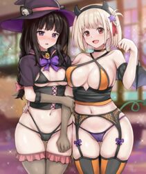  2girls :d animal_ears ass_visible_through_thighs black_choker black_hair black_hairband blonde_hair blurry blurry_background blush bob_cut braid breasts choker commentary_request corset demon_girl demon_horns ears_through_headwear elbow_gloves fake_wings furrowed_brow garter_belt gloves groin hair_ornament hair_ribbon hairband halloween halloween_costume hand_on_another&#039;s_hip hat holding_own_arm horns indoors inoue_takina large_breasts lingerie long_hair looking_at_viewer lycoris_recoil multiple_girls navel nishikigi_chisato nose_blush one_side_up open_mouth parted_lips paw_pose pumpkin purple_eyes r-binon red_eyes ribbon short_hair small_breasts smile star_(symbol) star_hair_ornament stomach sweatdrop thigh_gap thighhighs thighs underwear wings witch_hat 