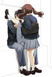  1boy assertive_female bag black_bag brown_footwear brown_hair female foot_kabedon grey_skirt holding holding_bag hugging_object kabedon leg_up long_hair long_skirt mattaku_mousuke original school_bag school_uniform sitting skirt socks standing straight sweat twintails twitter_username uniform watermark white_legwear 