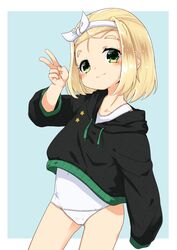  bad_id bad_twitter_id black_jacket blonde_hair blush border female green_eyes hairband highres i-504_(kancolle) inactive_account jacket kantai_collection long_sleeves looking_at_viewer luigi_torelli_(kancolle) nassukun one-piece_swimsuit school_swimsuit short_hair simple_background smile solo star_(symbol) swimsuit swimsuit_under_clothes two-tone_background v white_border white_hairband white_one-piece_swimsuit 