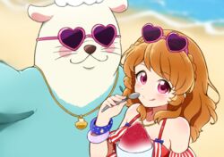  :p aikatsu! aikatsu!_(series) beach blurry blurry_background blush bracelet braid close-up closed_mouth commentary_request crown_braid depth_of_field detached_sleeves eyewear_on_head female food frilled_one-piece_swimsuit frills halterneck heart heart-shaped_eyewear highres holding holding_spoon jewelry long_hair looking_at_viewer mascot mijumaruko multicolored_clothes multicolored_swimsuit necklace ocean one-piece_swimsuit oozorakko_(aikatsu!) orange_hair otter_costume ozora_akari pink_eyes reaching reaching_towards_viewer red_one-piece_swimsuit sand seashell selfie shaved_ice shell shell_necklace shiny_skin smile spoon star_(symbol) star_print striped_clothes striped_one-piece_swimsuit summer sunglasses swimsuit tongue tongue_out upper_body white_one-piece_swimsuit 