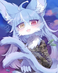  2023 4:5 :3 ahoge anthro blue_body blue_fur blue_hair blush camo camo_clothing camo_print claws clothed clothing countershading cute_fangs digital_media_(artwork) domestic_cat felid feline felis femboy finger_claws fingers fluffy forked_tail fur hair half-length_portrait happy heart_symbol heterochromia hi_res jacket japan_air_self-defense_force kemono long_hair looking_at_viewer male male_anthro mammal mekkyaru multicolored_body multicolored_fur neck_tuft omaneko_(jasdf) open_:3 open_mouth pattern_clothing portrait pupils red_eyes slit_pupils solo tail topwear tuft two_tone_body two_tone_fur unusual_anatomy unusual_tail whiskers white_body white_fur yellow_eyes 