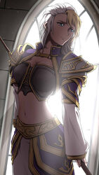  armor blonde_hair blue_eyes breasts cleavage female frown gold_trim human_(warcraft) jaina_proudmoore laofuzi_dai_bansho long_sleeves looking_to_the_side midriff multicolored_hair navel shoulder_armor solo standing two-tone_hair warcraft white_hair world_of_warcraft 