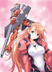  aida_rayhunton blue_eyes breasts covered_navel female floating_hair g-arcane green_eyes gun gundam gundam_g_no_reconguista hair_behind_ear head_tilt holding holding_gun holding_weapon kimizuka_aoi mecha medium_breasts mobile_suit normal_suit pilot_suit pink_hair robot science_fiction shirt v-fin weapon white_shirt 