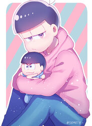  1boy doll half-closed_eyes highres holding holding_doll hood hoodie male_focus matsuno_karamatsu matsuno_todomatsu osomatsu-san osomatsu_(series) pink_hoodie sound_bell striped striped_background 