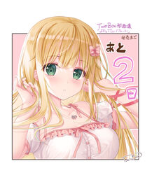  absurdres bare_shoulders blonde_hair blush bow breasts cleavage commentary_request detached_sleeves dress female frilled_dress frills green_eyes hairbow hands_up highres inagaki_minami long_hair looking_at_viewer medium_breasts parted_lips pink_background pink_bow puffy_short_sleeves puffy_sleeves short_sleeves sleeveless sleeveless_dress solo sousouman translation_request twinbox_school two-tone_background white_background white_dress 