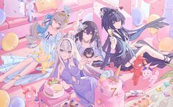  4girls absurdres ai_dongdong alternate_costume anklet balloon bare_shoulders barefoot black_hair blue_dress blue_eyes blue_hair bronya_zaychik bronya_zaychik_(herrscher_of_truth) cake closed_mouth couch cup doll dress drinking_glass english_commentary feet food full_body grey_eyes grey_hair hair_between_eyes hair_ornament highres hola_(honkai_impact) holding holi_(honkai_impact) homei_(honkai_impact) homi_(honkai_impact) homu_(honkai_impact) honkai_(series) honkai_impact_3rd jewelry kiana_kaslana kiana_kaslana_(herrscher_of_finality) long_hair looking_at_viewer multiple_girls nail_polish official_art open_mouth purple_dress purple_eyes purple_hair raiden_mei raiden_mei_(herrscher_of_origin) seele_(alter_ego) seele_vollerei seele_vollerei_(herrscher_of_rebirth) sitting sleeveless sleeveless_dress smile toenail_polish toenails toes wine_glass 