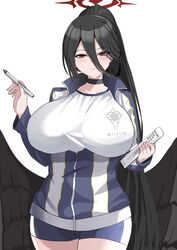  absurdres black_hair black_wings blue_archive blue_jacket blue_shorts blush breasts choker collarbone feathered_wings female gym_uniform hair_between_eyes halo hasumi_(blue_archive) hasumi_(track)_(blue_archive) high_ponytail highres huge_breasts jacket long_hair long_sleeves looking_at_viewer low_wings mole mole_under_eye official_alternate_costume red_eyes shirt short_shorts shorts simple_background solo thighs tian_kazuki very_long_hair white_background white_shirt wings 