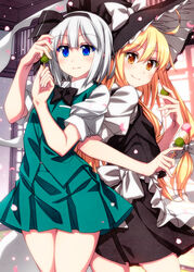  2girls ahoge apron arm_up back_bow black_bow black_bowtie black_dress black_hairband black_headwear black_ribbon blonde_hair blush bow bowtie breasts closed_mouth collared_shirt commentary_request dango door dress fingernails food frills from_behind ghost grass green_skirt green_vest hair_between_eyes hairband hands_up hat hat_bow highres hitodama house kirisame_marisa konpaku_youmu konpaku_youmu_(ghost) long_hair looking_at_viewer looking_back medium_breasts multiple_girls petals pocket puffy_short_sleeves puffy_sleeves ribbon sazanami_mio shirt short_hair short_sleeves skirt smile standing touhou vest wagashi wall white_apron white_bow white_hair white_shirt window witch_hat 