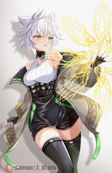  animal_ears artist_name breasts cat_ears cat_girl chest_jewel clothing_cutout core_crystal_(xenoblade) crystal diamond_cutout female fingerless_gloves gloves high-waist_shorts highres looking_at_viewer medium_breasts messy_hair na&#039;el_(xenoblade) patreon_logo patreon_username romper short_hair short_shorts shorts simple_background solo thighhighs thighs xenoblade_chronicles_(series) xenoblade_chronicles_3 xenoblade_chronicles_3:_future_redeemed yellow_eyes z-ki 